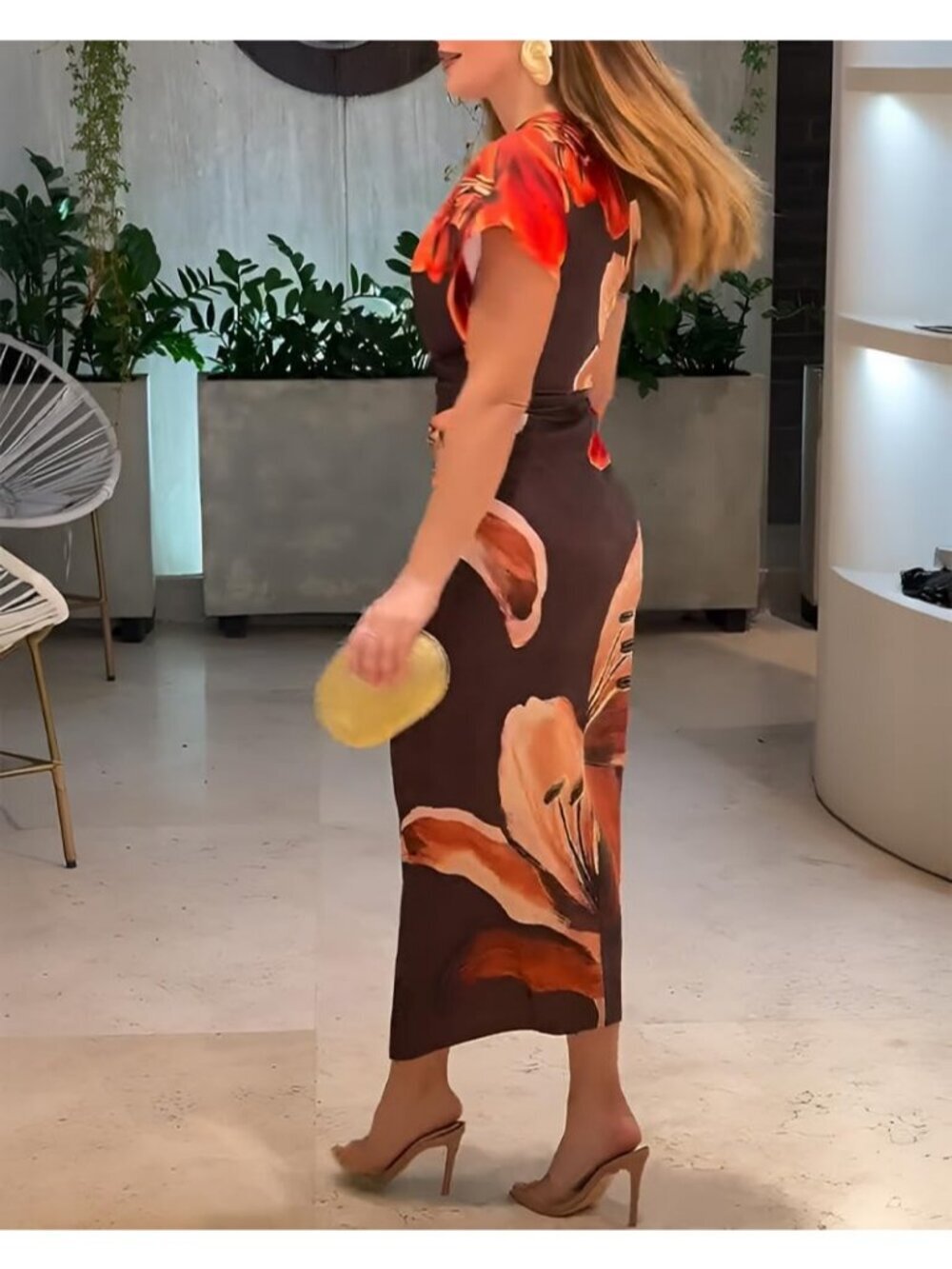 Women's Brown Polyester Elastane Floral Print V Neck Slit Bodycon Midi Dress - Picture 3 of 6